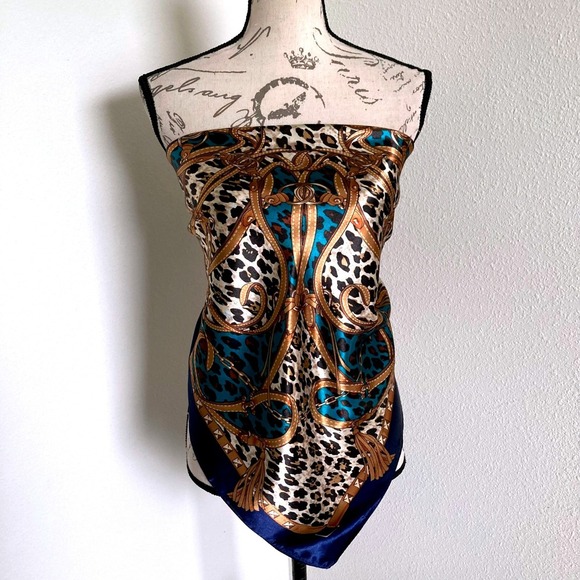 Satin Square Leopard Chain Bit Bridle Boho Scarf Neck teal blue Old Money 💖 - Picture 11 of 16